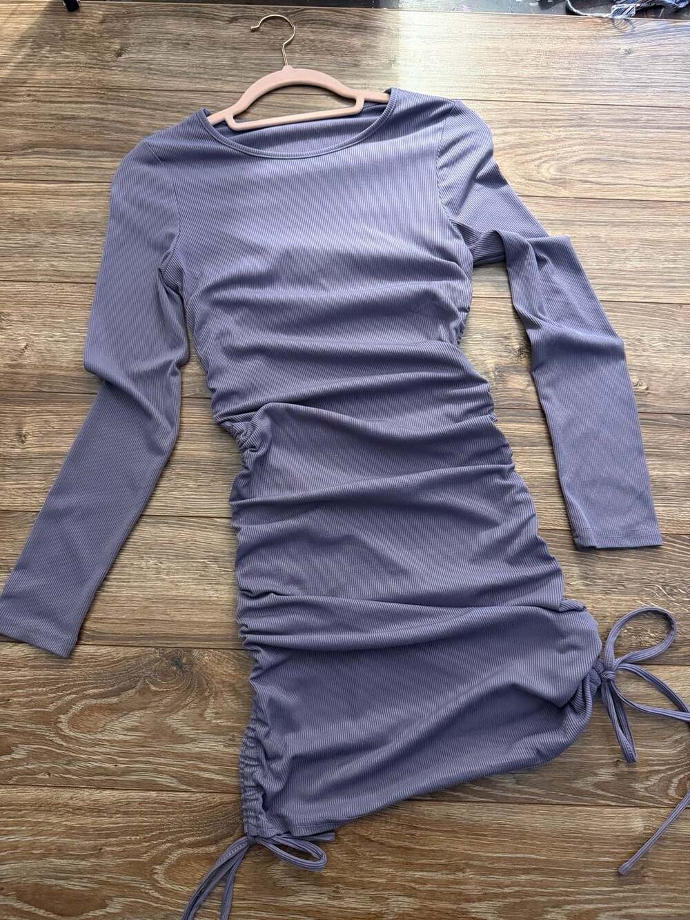 Hey Babe Ribbed Long Sleeve Ruched Drawstring Side Bodycon Mini Dress